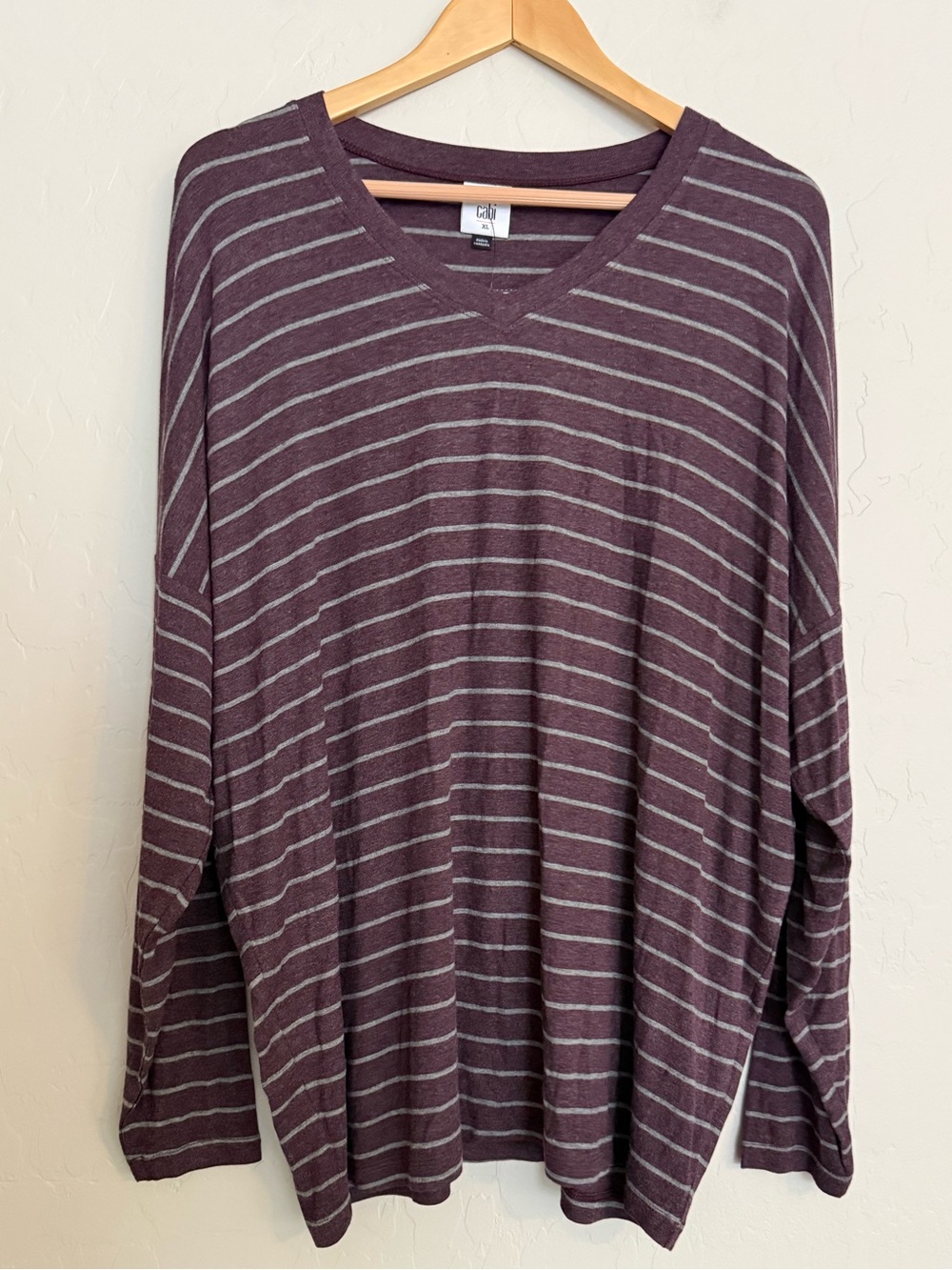 Cabi Serenity Tee Plum Stripe Purple Gray Long Sleeve V-Neck Top XL 3998